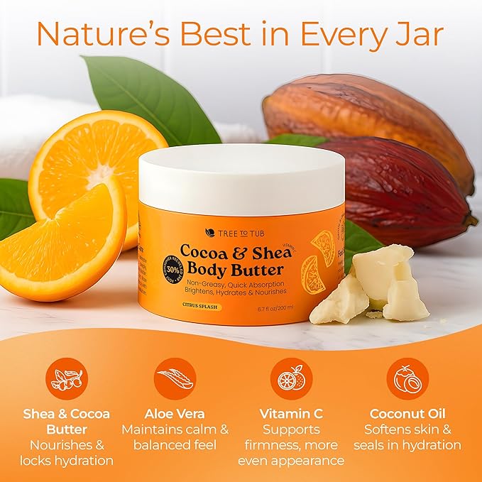 Tree to Tub Shea Body Butter for Dry, Extremely Dry, Sensitive Skin - Moisturizing Body Cream for Women & Men, Hydrating Body Lotion Moisturizer w/Vitamin C, Organic Cocoa, Citrus Scent