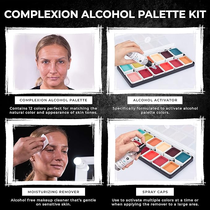 Complexion Alcohol-Activated Palette, Activator, and Remover Kit, Professional SFX Makeup Set