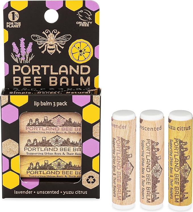Portland Bee Balm All Natural Handmade Beeswax Based Lip Balm Unscented, Yuzu Citrus and Lavender Assortment 3 Count