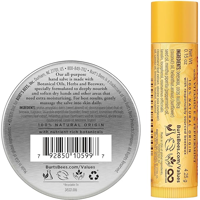 Burt's Bees Hand Salve and Moisturizing Lip Balm for Dry Skin and Chapped Lips, Classic, Natural Origin Skincare, 3 oz./0.15 oz.
