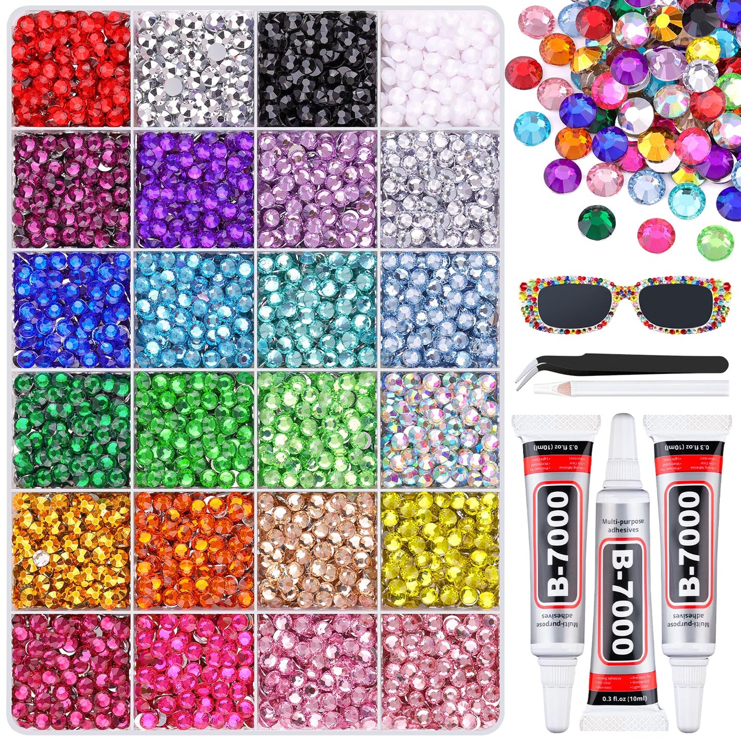 6600Pcs Resin Rhinestones with 3Pcs B7000 Jewelry Glue for Crafting, Multicolors 5mm Non Hotfix Flatback Gems, Bedazzling Crystal for DIY Crafts Clothing Tumblers Mugs Shoes Fabric Decor Nail Art