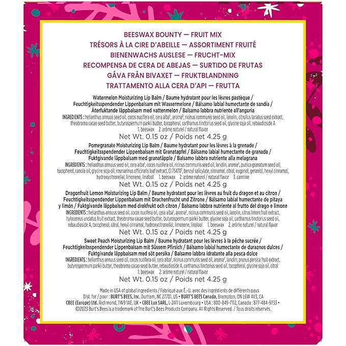 Burt's Bees Lip Balm Gift Set, Beeswax Bounty Fruit Mix, Perfect Lip Balms for Holiday Gift Baskets, 4-Pack, 0.15 oz.