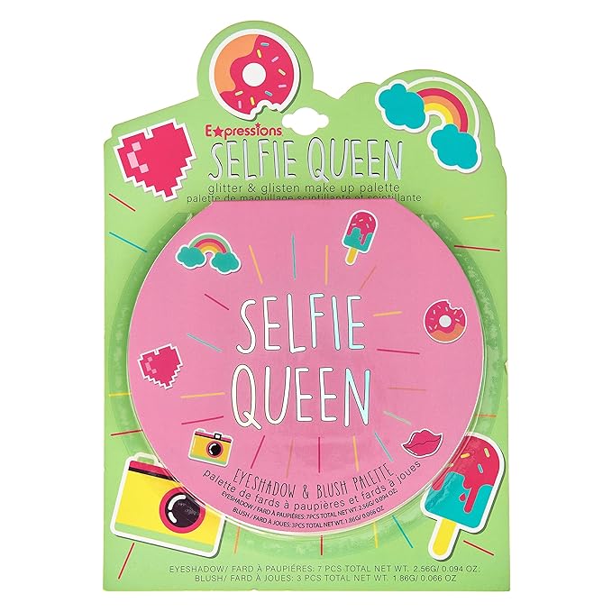 Expressions Selfie Queen Glisten & Glitter Makeup Palette 10 Color Eyeshadow Palette & Blush Makeup Novelty Beauty Set, Fold Out Compact with Mirror, Cute Makeup Kit Gifts - Washable, Non-Toxic