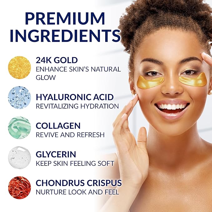 Stylia Under Eye Patches for Puffy Eyes and Dark Circles (20 Pairs) - 24k Gold Under Eye Mask with Vitamin C, Hyaluronic Acid, Pearl Extract - Eye Masks for Dark Circles and Puffiness