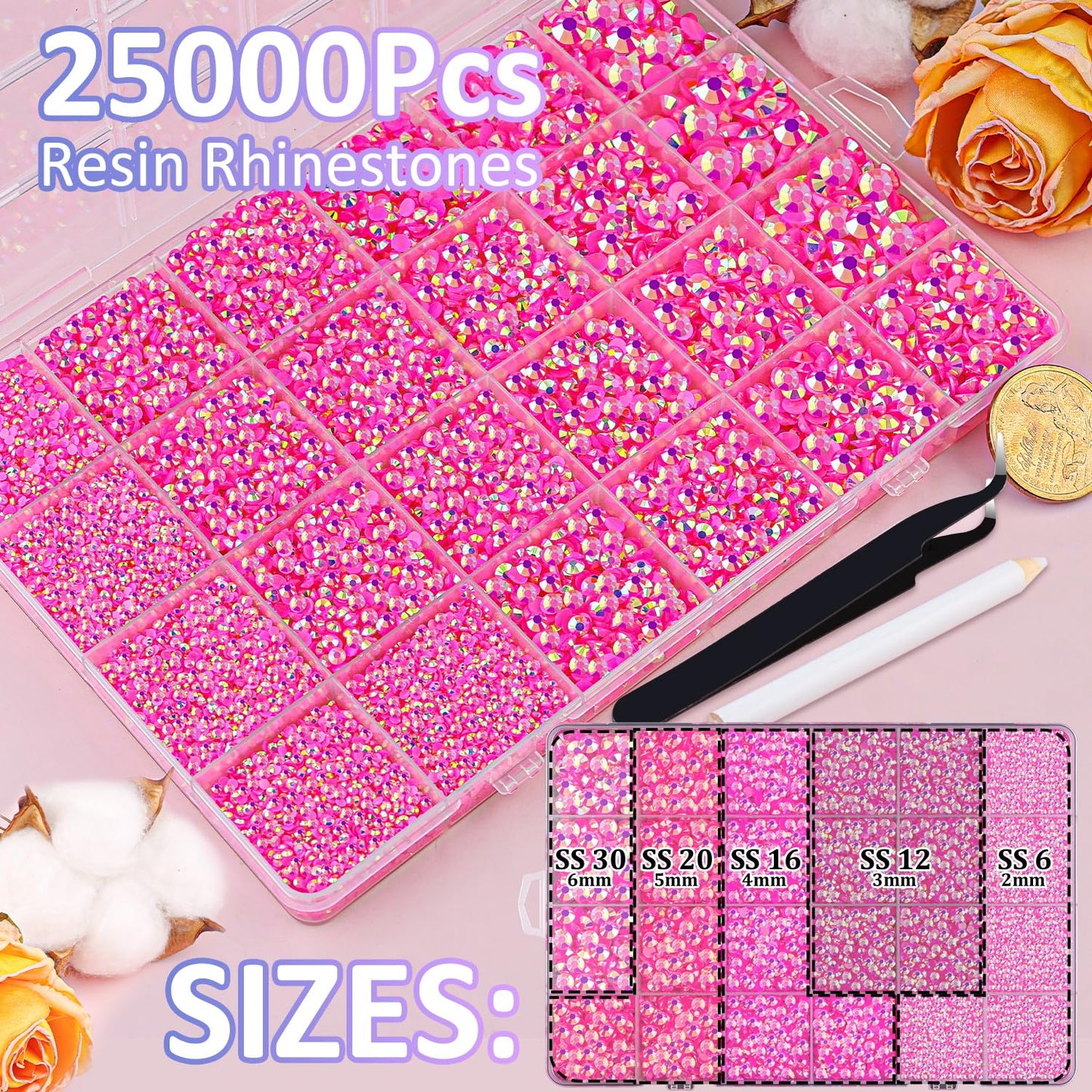 25000Pcs Resin Jelly Rhinestones with Tweezers for Crafting, Hot Pink AB 2-6mm Mixed Sizes Non Hotfix Flatback Gems, Bedazzling Crystal for DIY Crafts Clothing Tumblers Mugs Shoes Decor Nail Art