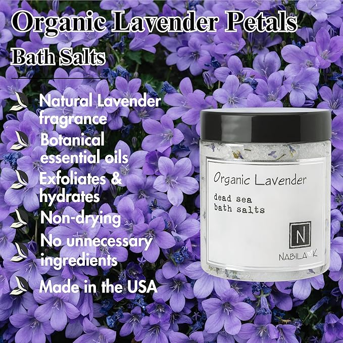Organic Lavender Bath Salts by Nabila K - Dead Sea Salt & Epsom Salt Scrub & Soak - Exfoliates & Hydrates Skin, Botanical Essential Oils - Bubble Bath Accessories for All Skins Types, 8 oz