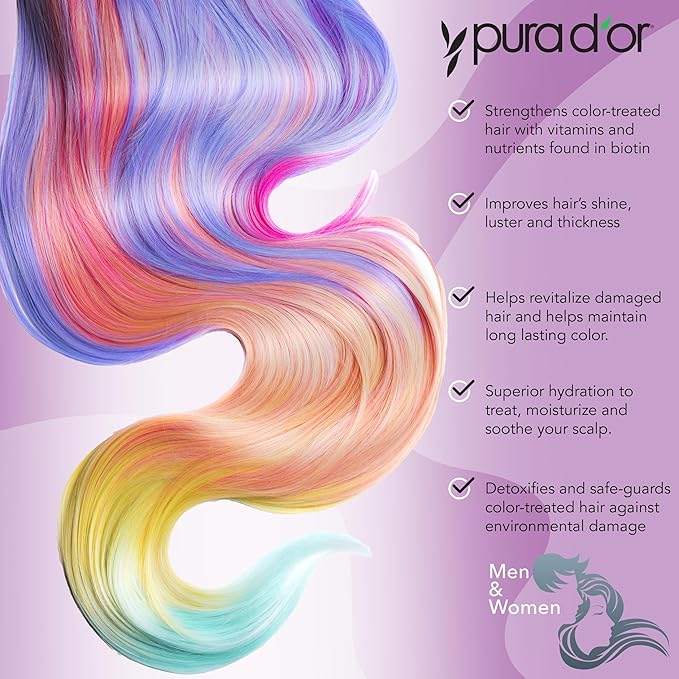 PURA D'OR Purple Shampoo & Conditioner (16oz x 2) ColorHarmony Biotin Set For Bleached, Blonde, Silver & Color Treated Hair - Keratin, Bamboo Fiber, No Sulfates - Men & Women