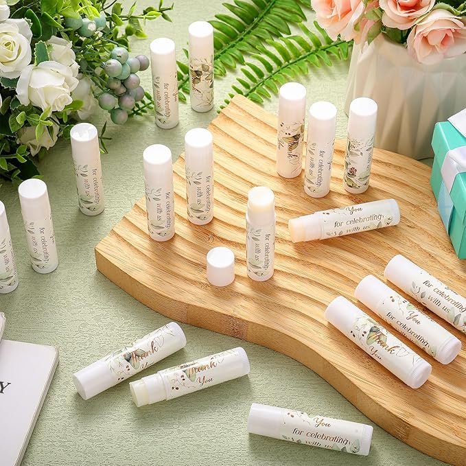 Dunzy 50 Pcs Thank You Gift Lip Balm Bulk Baby Shower Party Favors Bridal Shower Favor Lip Care with Assorted Fruit Flavors Thank You Lipstick for Guest Basket Gift Stuffer (Eucalyptus)