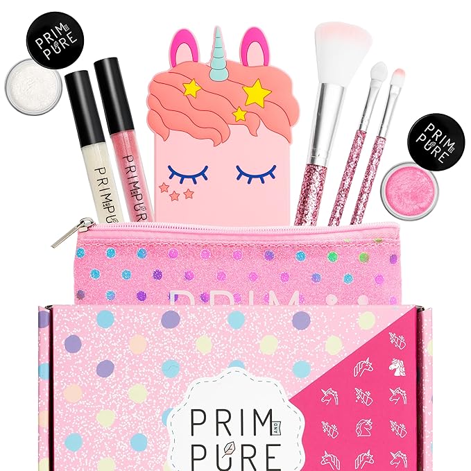 Prim and Pure Mineral Gift Set with Unicorn Mirror| Perfect for Play Dates & Birthday Parties | Kids Eyeshadow Makeup – Mineral Blush | Organic & Natural Makeup Kit for Kids| Made in USA (Pink)