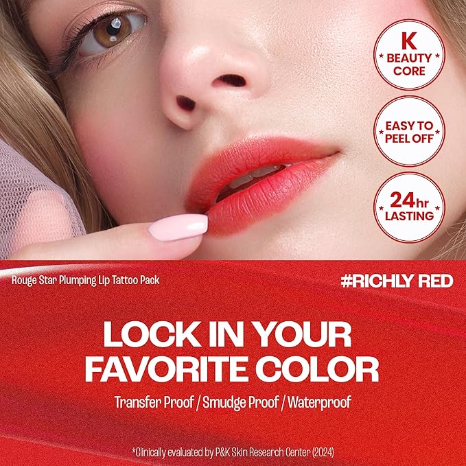 Rouge Star Plumping Lip Tattoo (0.17 oz) - 72-HR Long Lasting Waterproof Peel Off Lip Stain - Transfer-Proof, Non -Sticky Hydrating Matte Lip Tint Tattoo (Richly Red)