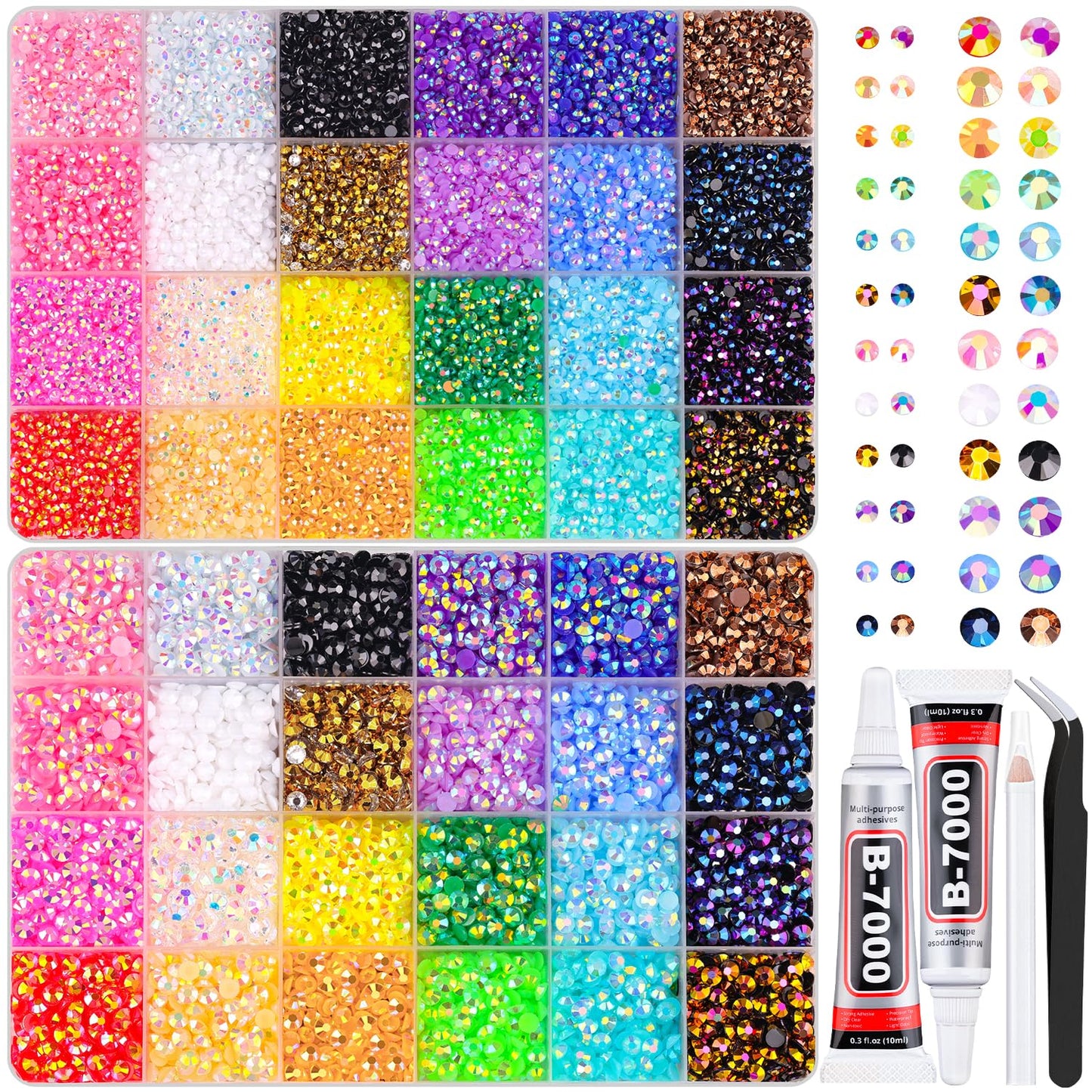 2 Boxes Jelly Rhinestones for Bedazzling, 30600Pcs 3mm & 5mm Multicolor Flatback Resin Gems for Crafting, Bedazzler Kit with 2Pcs 10ml B7000 Jewelry Glue for DIY Crafts Book Fabric Decor Nail Art