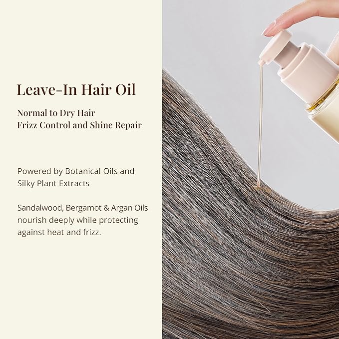 Leave-In Hair Oil with Sandalwood & Bergamot – Natural Essential Oil Aroma, Lightweight Frizz Control & Shine Enhancer for Dry or Damaged Hair – No-Rinse Oil, 3.4 fl oz (100ml)