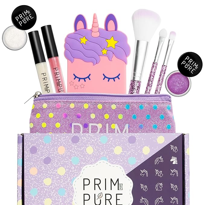 Prim and Pure Mineral Gift Set with Unicorn Mirror| Perfect for Play Dates & Birthday Parties | Kids Eyeshadow Makeup – Mineral Blush | Organic & Natural Makeup Kit for Kids| Made in USA (Purple)