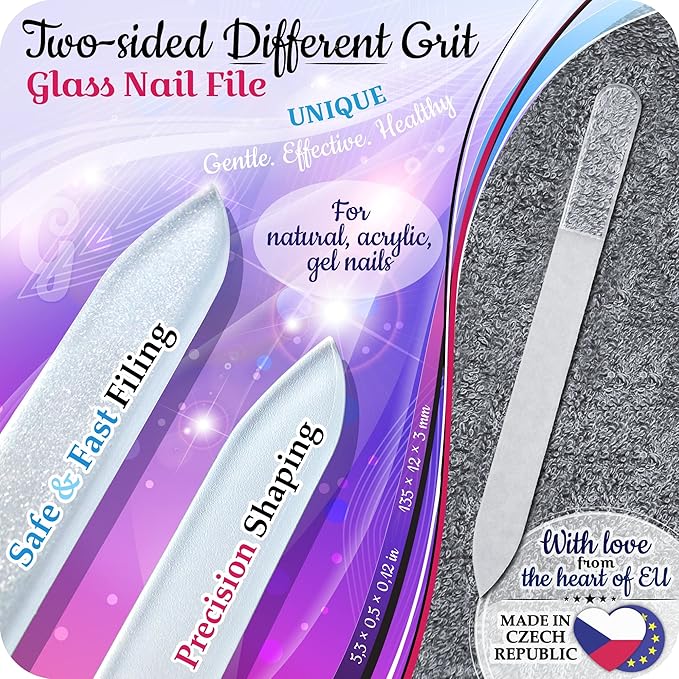GLADZY Czech Glass Nail File Set - Multifunctional Nail Shiner Buffer, Callus Remover Foot Rasp, Glass Cuticle Pusher Manicure Stick, Etched Surface, Professional Nail Care Tool, Made in EU
