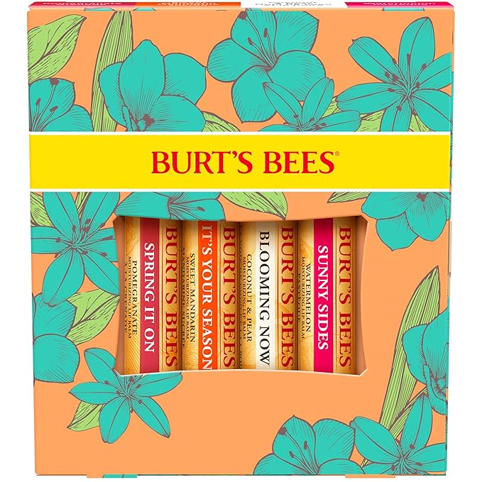 Burt's Bees Lip Balm Easter Basket Stuffers - Just Picked Gifts Set with Pomegranate, Watermelon, Sweet Mandarin, Coconut and Pear Natural Lip Treatment Tubes, 4, 0.15 oz.