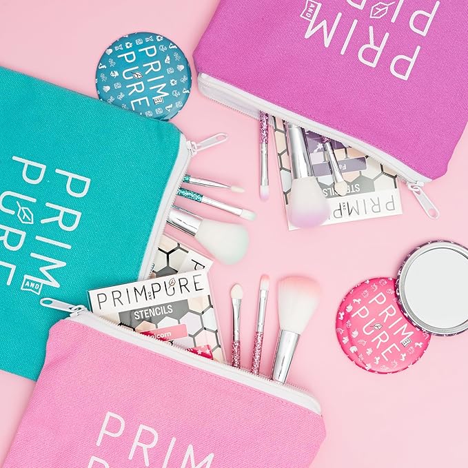 Prim and Pure Kids Makeup Gift Set - Stencil, Makeup Eyeshadow Bioglitter Lip Gloss and Cosmetic Bag Mirror Makeup Brush Accessories (Fairy Purple)