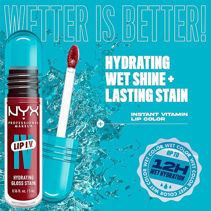 NYX PROFESSIONAL MAKEUP Lip IV Hydrating Glossy Lip Stain with 12HR Hydration - Cranberry Splash (Red)
