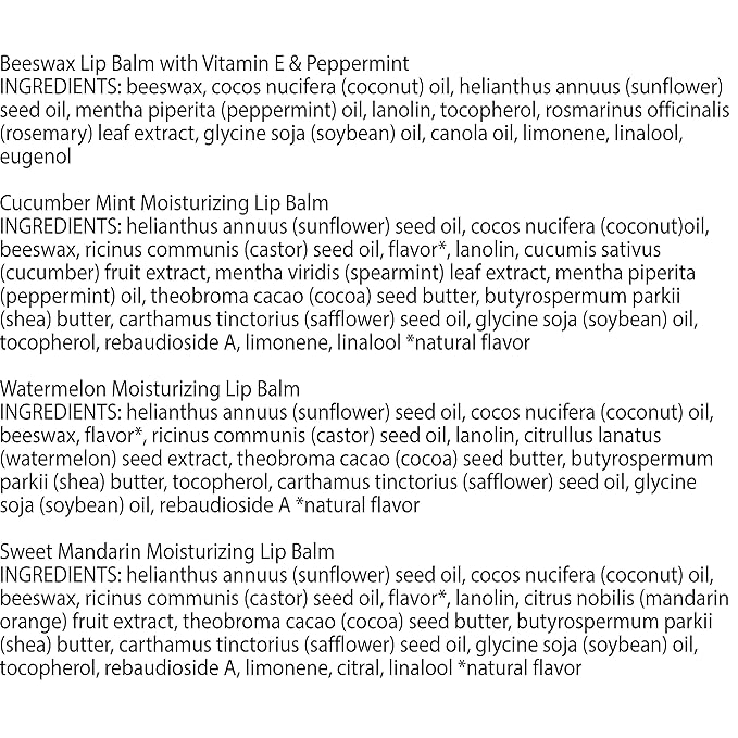 Burt's Bees Lip Balm - Original Beeswax, Cucumber Mint, Watermelon & Sweet Mandarin, With Responsibly Sourced Beeswax, Tint-Free, Natural Origin Treatment, 4 Tubes, 0.15 oz.