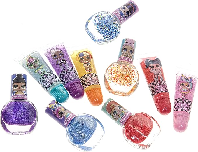 LOL Surprise Townley Girl 11 Pcs Sparkly Cosmetic Makeup Set for Kids Includes 5 Lip Gloss, 5 Nail Polish & Nail Stickers for Girls Tweens, Ages 3+ Perfect for Parties, Sleepovers and Makeovers