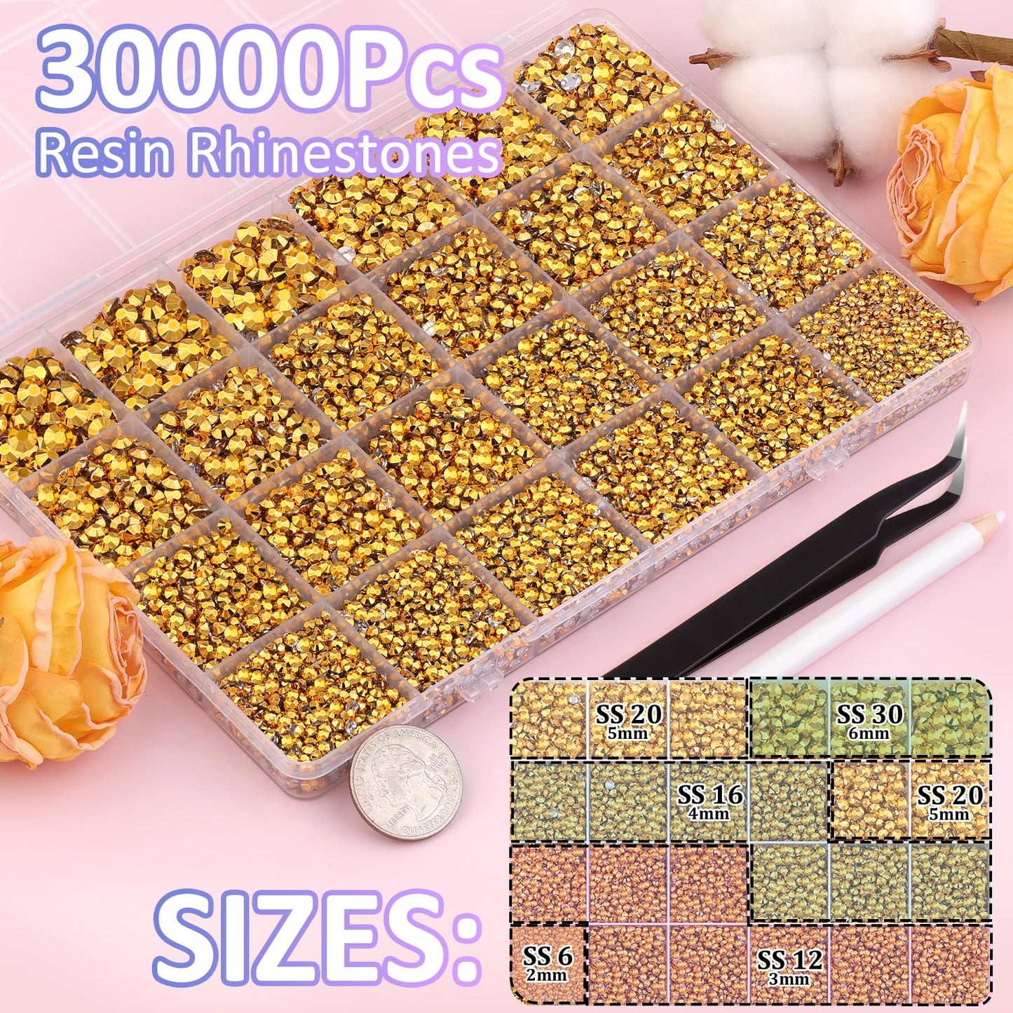 30000Pcs Mine Gold Rhinestones for Bedazzling with B7000 Jewelry Glue, Bedazzler Kit Flatback Gems, Resin Rhinestones for Crafting Crafts Clothing Shoes Fabric Nail Art Assorted Size 2/3/4/5/6mm
