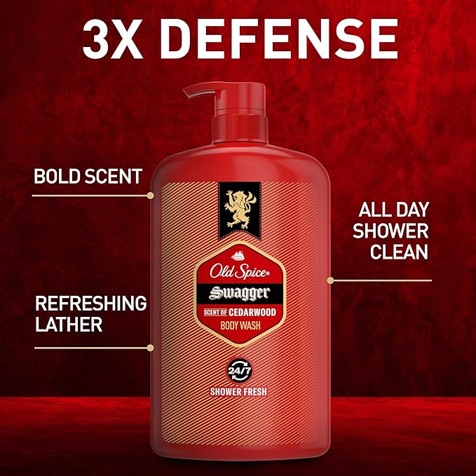 Old Spice Body Wash for Men, 24/7 Shower Fresh with Lasting Scent, Red Collection, Swagger with Cedarwood Scent, 33.4 fl oz (Pack of 4)