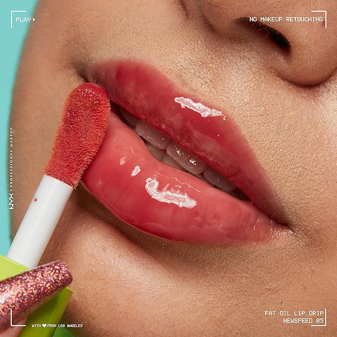 NYX PROFESSIONAL MAKEUP Fat Oil Lip Drip, Moisturizing Lip Oil Gloss, Vegan Tinted Formula, Up to 12 HR Hydration - Newsfeed (Rose Nude)