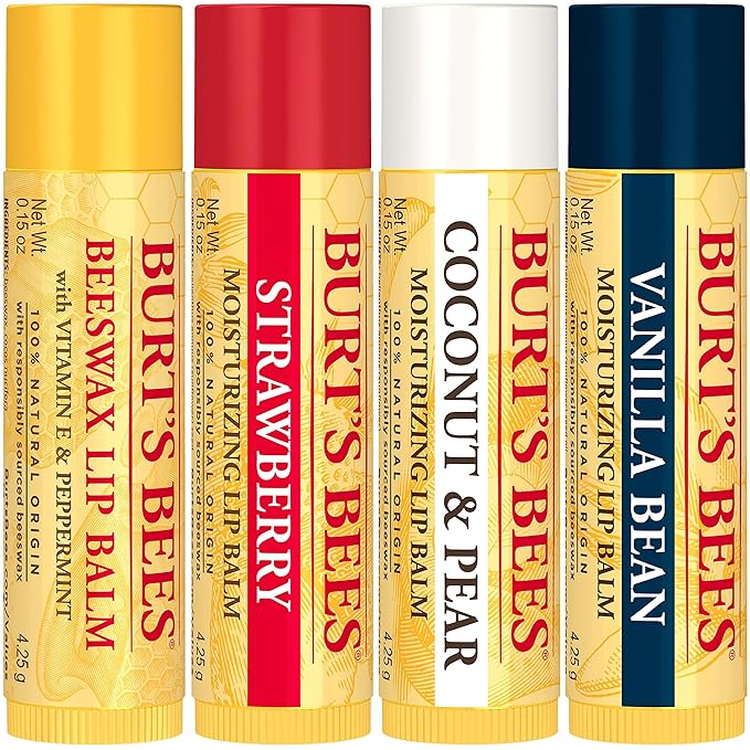 Burt's Bees Lip Balm - Beeswax, Strawberry, Coconut and Pear, and Vanilla Bean, With Responsibly Sourced Beeswax, Tint-Free, Natural Origin Lip Treatment, 4 Tubes, 0.15 oz.