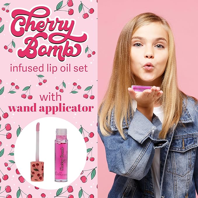 Expressions 5pc Lip Oil Set - Cherry Bomb Lip Oils, Lip Healing Cherry Infused Lip Oil Collection with Precision Applicator Wand Everyday Lip Care and Lip Repair (CHERRY BOMB)