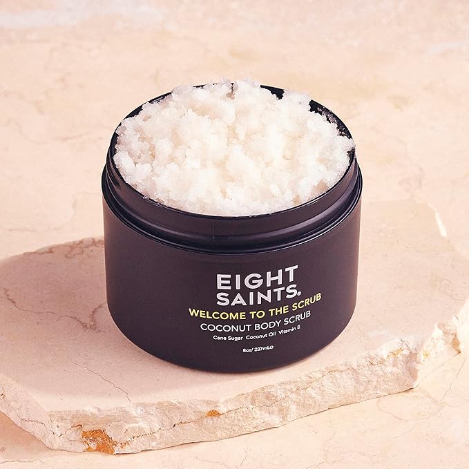 Eight Saints Welcome to the Scrub Coconut Body Scrub, Natural and Organic Exfoliating Sugar Scrub for Acne, Cellulite, Deep Cleansing, Scars, Wrinkles, Exfoliate and Moisturize Skin, 8 Ounces