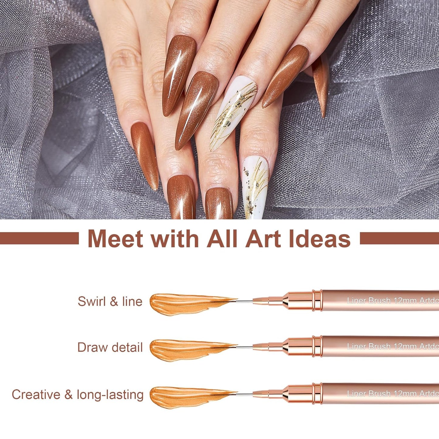 Artdone Metallic Nail Art Pens, Liner Brushes Set, 5PCS Copper Color Nail Tools For Long Lines, Thin Details, Fine Drawing, Liner Brush UV Gel Polish Painting Nail Design Sizes 5/8/12/20/25mm