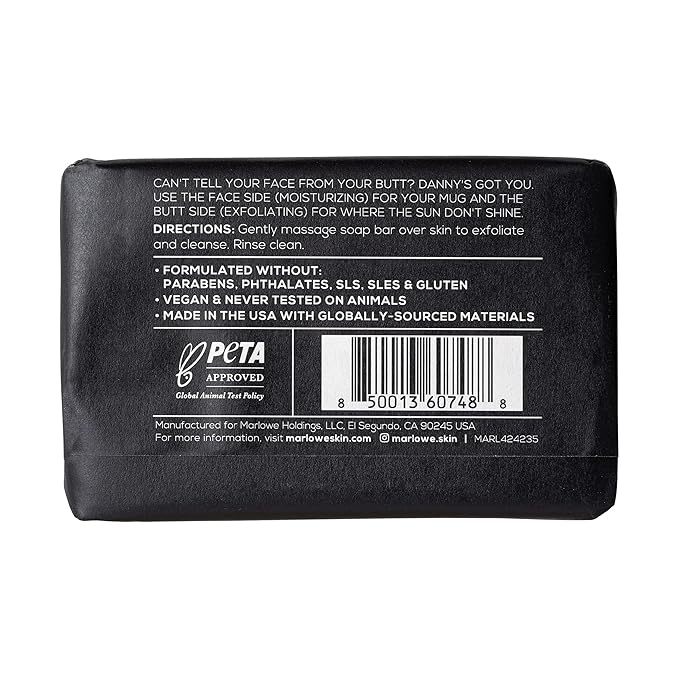 MARLOWE. No. 069 Butt Face Mens Soap, 7 Oz, Double Sided Moisturizing & Body Exfoliator Bar Soap with Pumice & Apricot Seed Powder, Crisp Sea Air, Fresh Sage + Cedarwood Scent