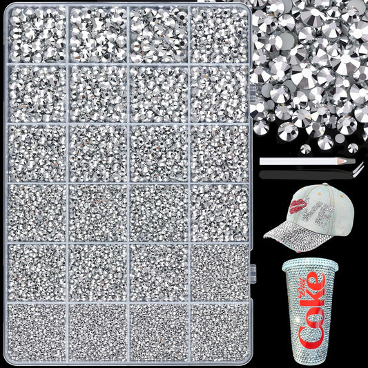 25000Pcs Resin Rhinestones with Tweezers for Crafting, 2-6mm Mixed Sizes (Silver) Non Hotfix Flatback Gems, Bedazzling Crystal for DIY Crafts Clothing Tumblers Mugs Shoes Decor Nail Art