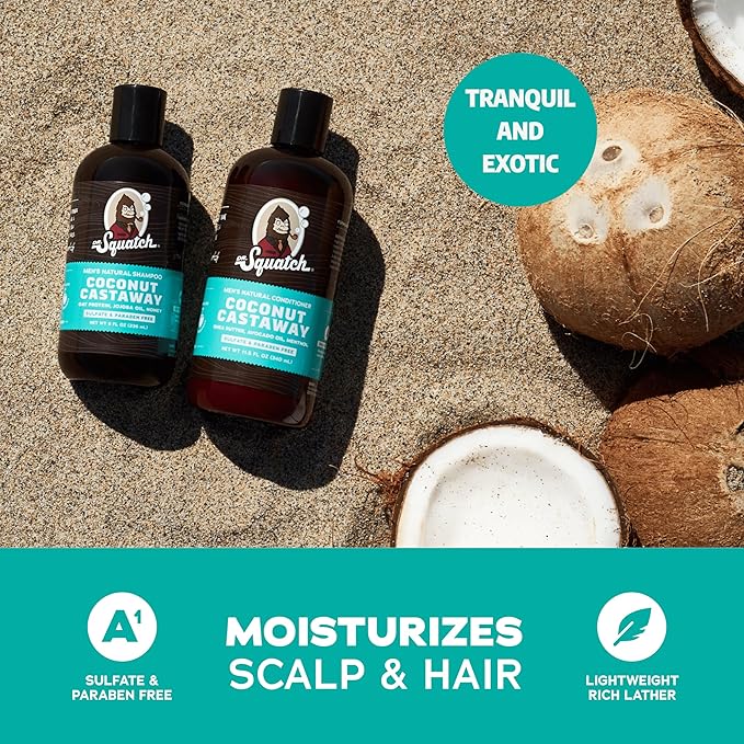 Dr. Squatch Natural Hair Bundle for Men - Healthy, Full Looking Hair - Coconut Castaway Shampoo (8 fl oz), Coconut Castaway Conditioner (11.5 fl oz)