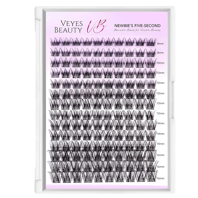 VEYESBEAUTY Lash Clusters Individual Eyelash Extensions Thin & Invisible Band DIY False Eyelashes for Self-application Newbie's Five-Second Series Wispy Lash Tray, LuxeBold 8-16mm Mixed Length
