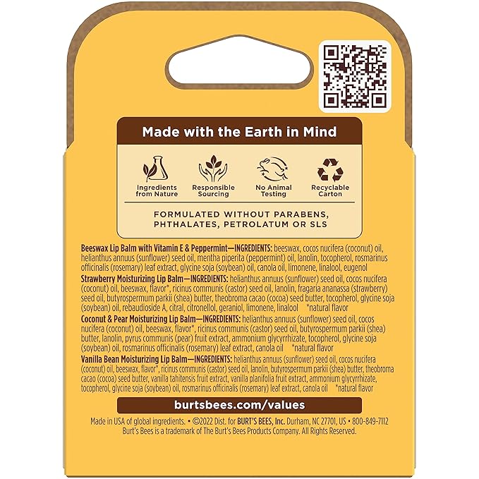 Burt's Bees Lip Balm - Beeswax, Strawberry, Coconut and Pear, and Vanilla Bean, With Responsibly Sourced Beeswax, Tint-Free, Natural Origin Lip Treatment, 4 Tubes, 0.15 oz.