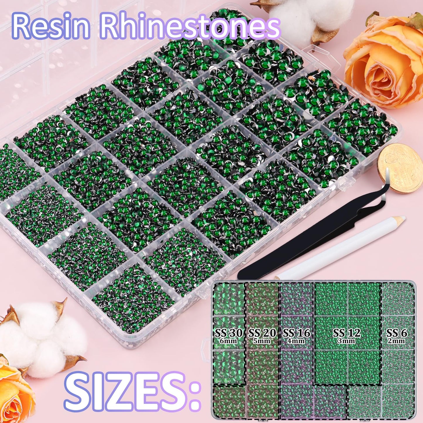 30000Pcs Resin Rhinestones with Tweezers for Crafting, Emerald Green Flatback Gems, Bedazzling Crystal with 3Pcs 10ml B7000 Jewelry Glue for DIY Crafts Clothing Tumblers Shoes Fabric Nail Art