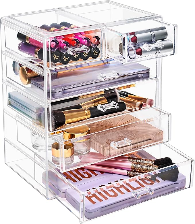 Sorbus Acrylic Makeup Organizer - Organization and Storage Case for Cosmetics Make Up & Jewelry - Big Clear Makeup Organizer for Vanity, Bathroom, College Dorm, Closet, Desk (4 Large, 2 Small Drawers)