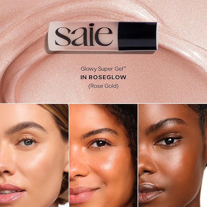 Saie SaieGlow Starter Makeup Kit - Glowy Super Gel, Dew Blush, and Glossybounce Lip Gloss - Essential Makeup Set in a Mini Reusable Jelly Travel Bag (3 Count)