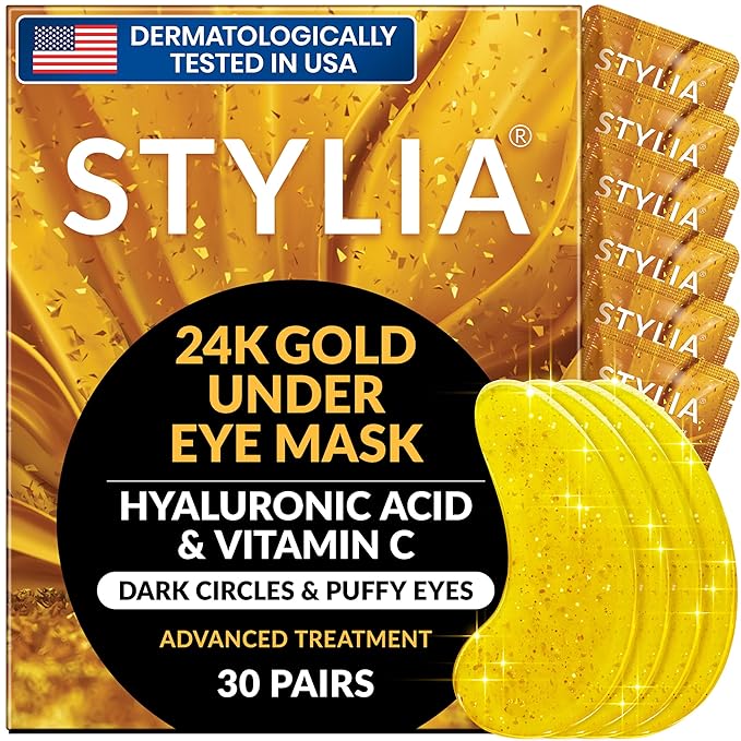 Stylia Under Eye Patches for Dark Circles and Puffy Eyes (30 Pairs) - 24k Gold Under Eye Mask with Vitamin C, Hyaluronic Acid, Pearl Extract - Eye Masks for Dark Circles and Puffiness