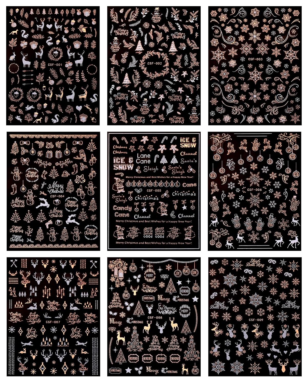 JMEOWIO 9 Sheets Christmas White Glitter Nail Art Stickers Decals Self-Adhesive Snowflake Winter Holiday Rose Gold Nail Supplies Nail Art Design Decoration Accessories