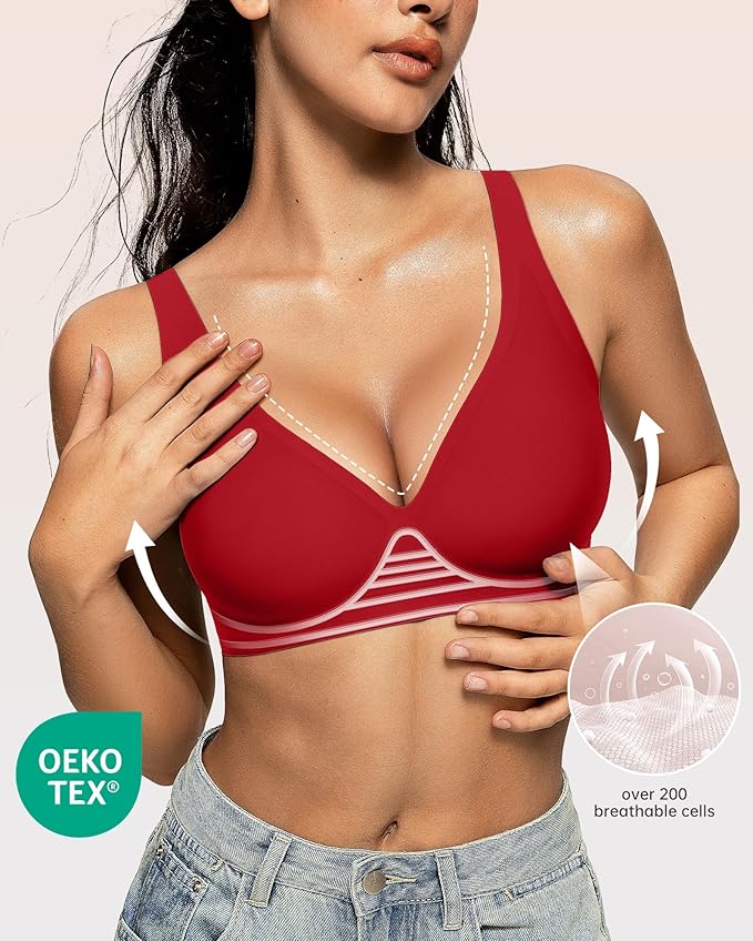 OEAK Womens Deep V Bras Wireless Comfortable Bra Supportive No Underwire Bras Tshirt Push Up Bralettes Plunge Seamless Bra