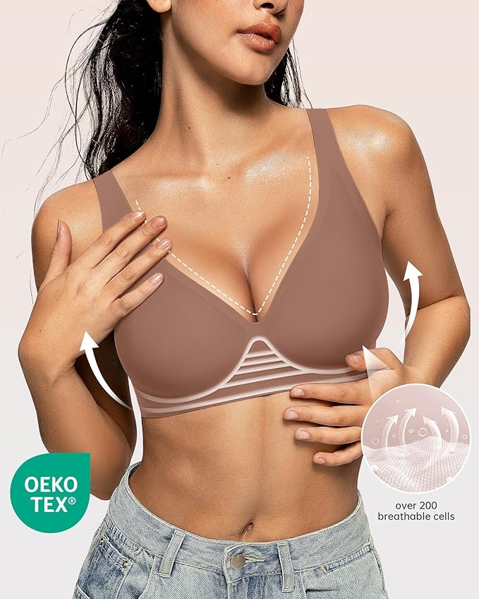 OEAK Womens Deep V Bras Wireless Comfortable Bra Supportive No Underwire Bras Tshirt Push Up Bralettes Plunge Seamless Bra