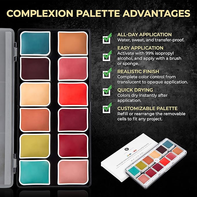 Complexion Alcohol-Activated Palette, Activator, and Remover Kit, Professional SFX Makeup Set