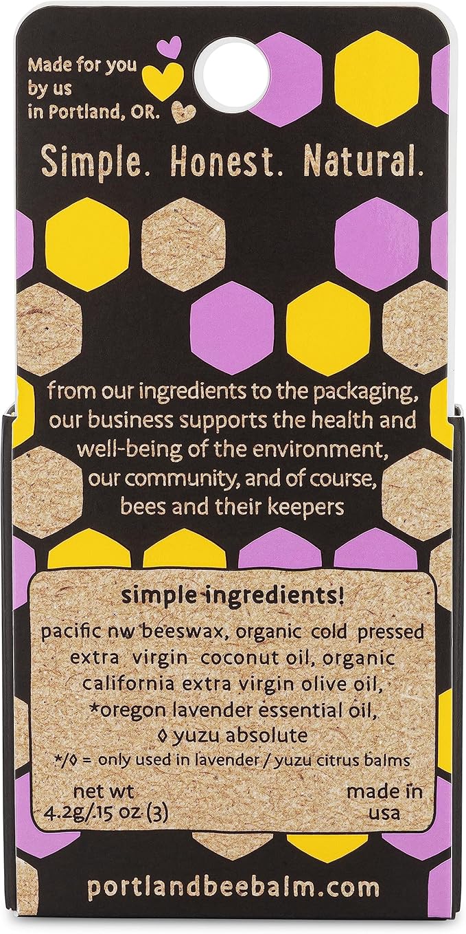Portland Bee Balm All Natural Handmade Beeswax Based Lip Balm Unscented, Yuzu Citrus and Lavender Assortment 3 Count