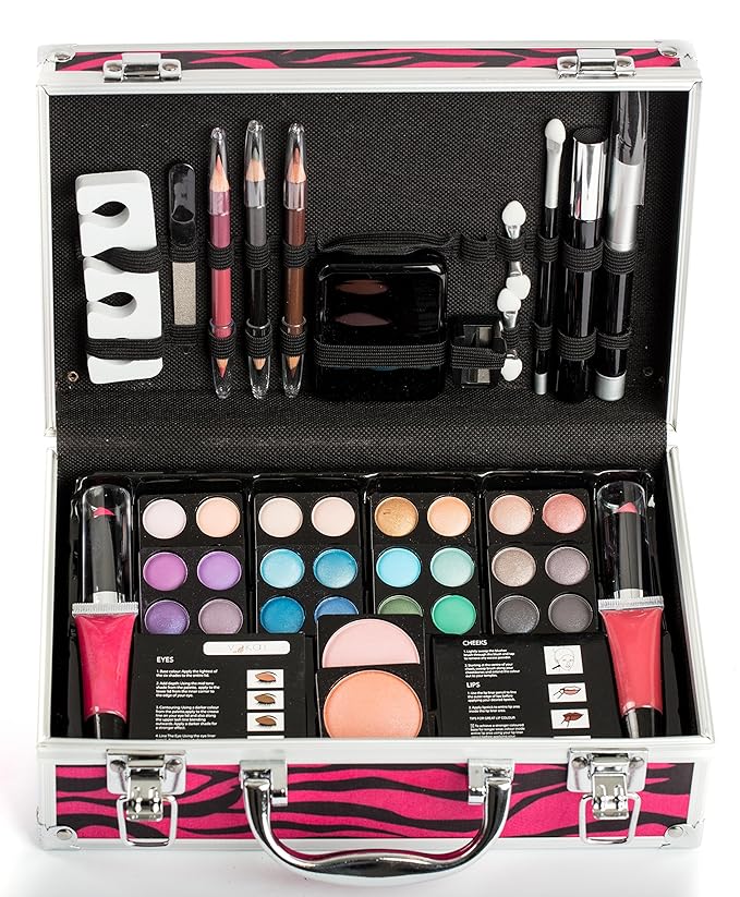 Makeup Kit Gift Set - 51 Piece - 32 Eye Shadows, 2 Blushes, 2 Lip Glosses, 2 Lipsticks, 2 Eye Liner Pencils, 1 Lip Liner Pencil, 1 Mascara - Case with Carrying Handle