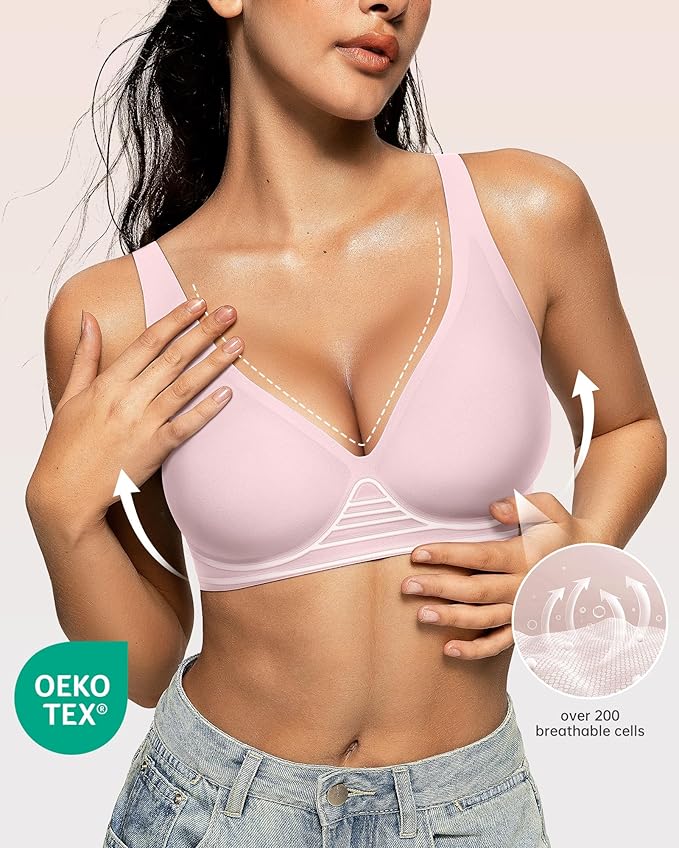 OEAK Womens Deep V Bras Wireless Comfortable Bra Supportive No Underwire Bras Tshirt Push Up Bralettes Plunge Seamless Bra