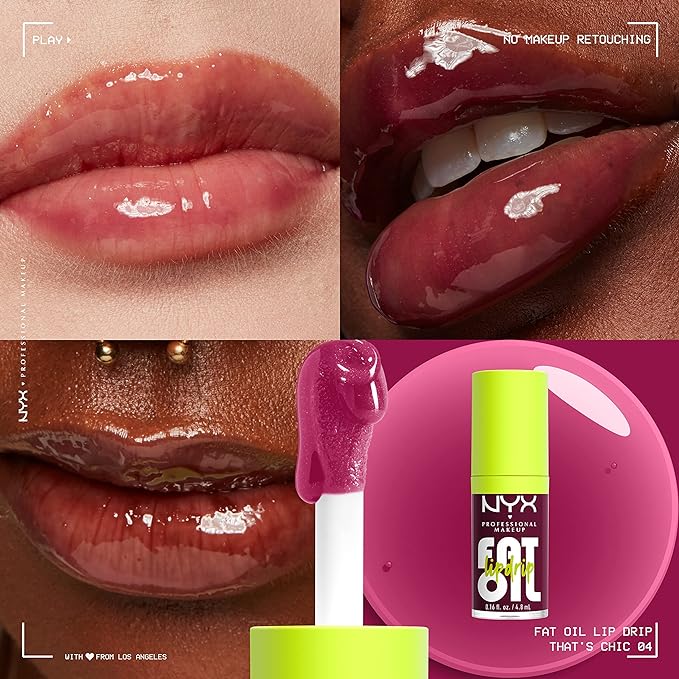 NYX PROFESSIONAL MAKEUP Fat Oil Lip Drip, Moisturizing Lip Oil Gloss, Vegan Tinted Formula, Up to 12 HR Hydration - That's Chic (Deep Berry)