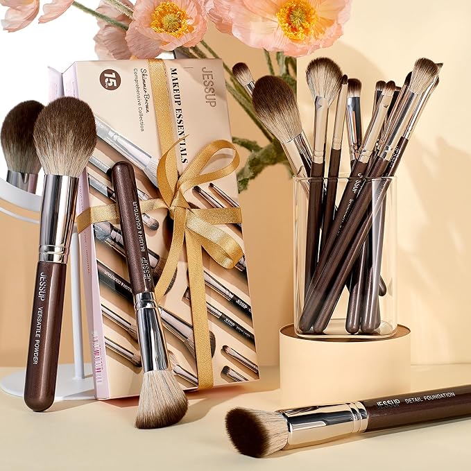 Jessup Makeup Brushes Set 15pcs Brown Make up Brushes Set Professional Premium Synthetic Foundation Eyebrow Concealer Blush Eyeshadow Contour Eyeliner Powder Blending Highlighter Brush, T498
