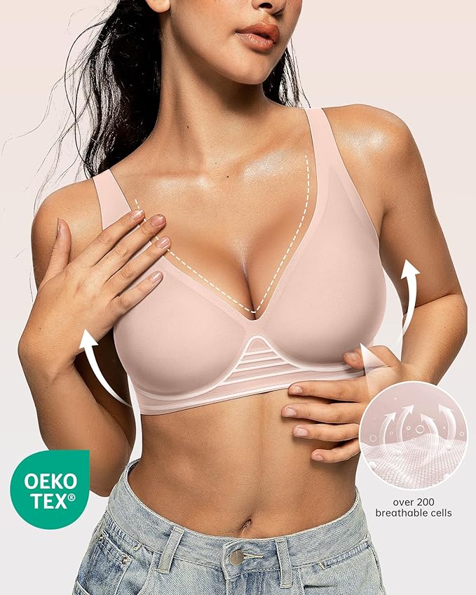 OEAK Womens Deep V Bras Wireless Comfortable Bra Supportive No Underwire Bras Tshirt Push Up Bralettes Plunge Seamless Bra