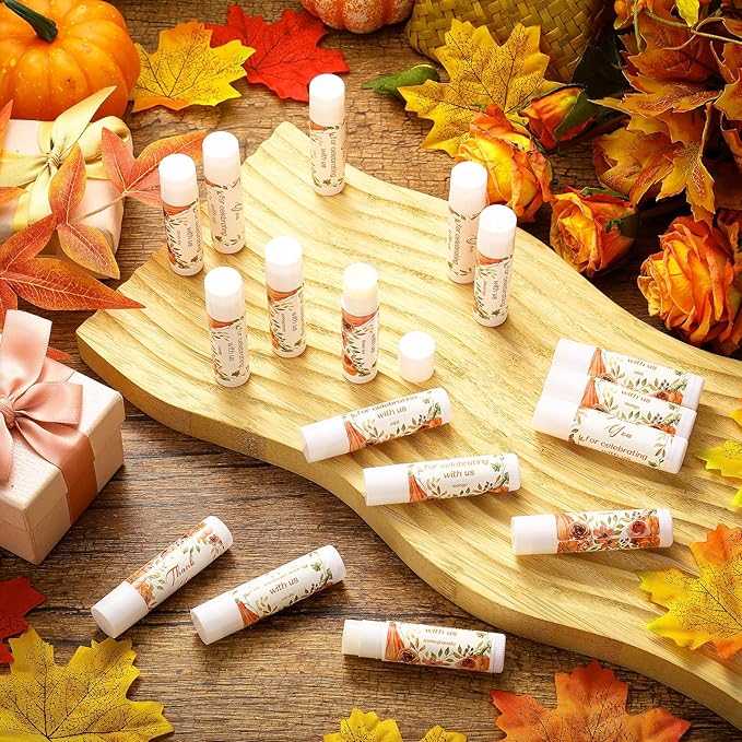 Dunzy 50 Pcs Thank You Gift Lip Balm Bulk Baby Shower Party Favors Bridal Shower Favor Lip Care with Assorted Fruit Flavors Thank You Lipstick for Guest Basket Gift Stuffer (Pumpkin)